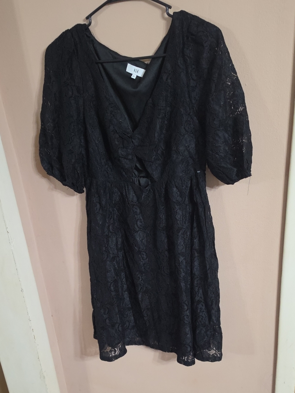 NSR Black Lace Mini Dress with Puff Sleeves and Front Twist